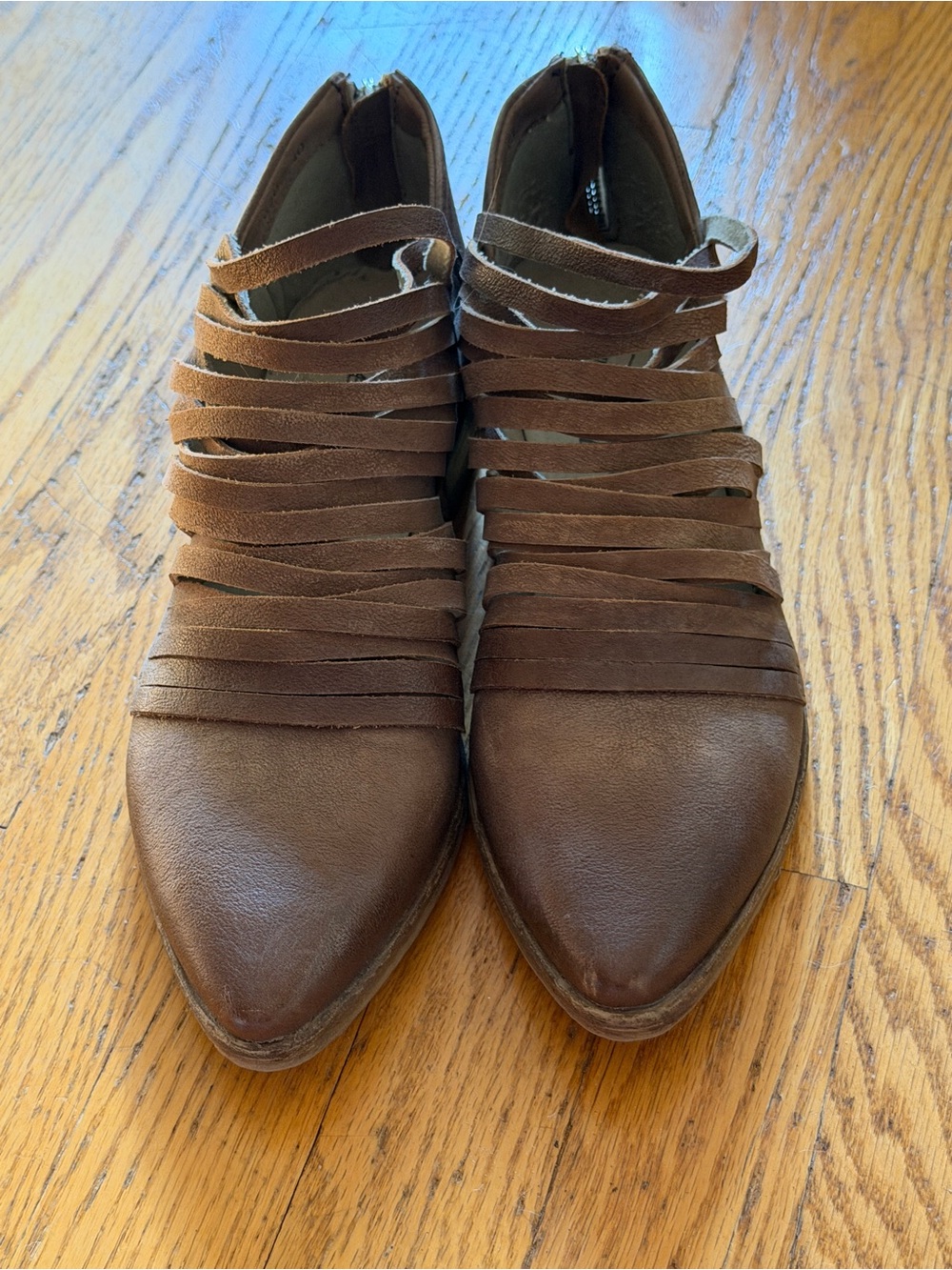 Free People Grey Brown Strappy Pointed-Toe Ankle Booties